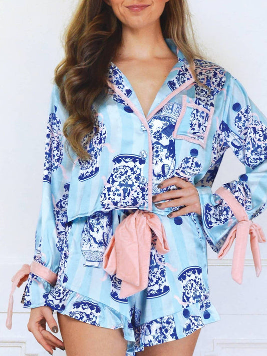 Silk Chinoiserie Pajama Set/Velvet Bow