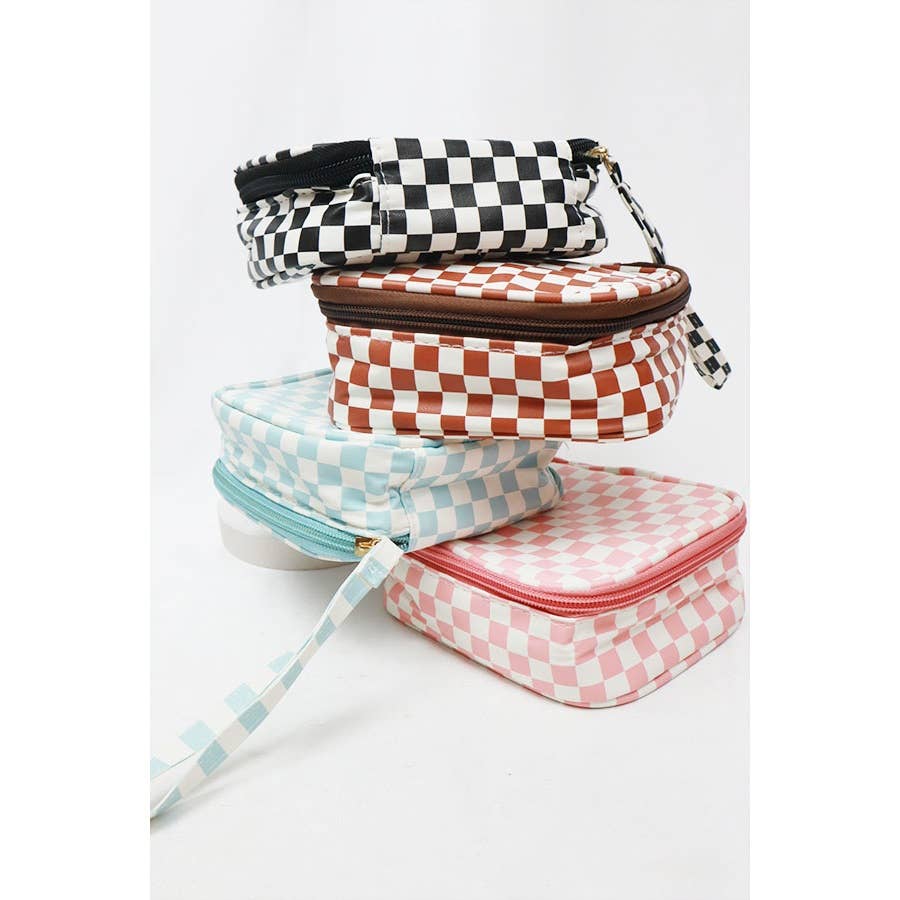 Square Shape Checkered Cosmetic Travel Bag