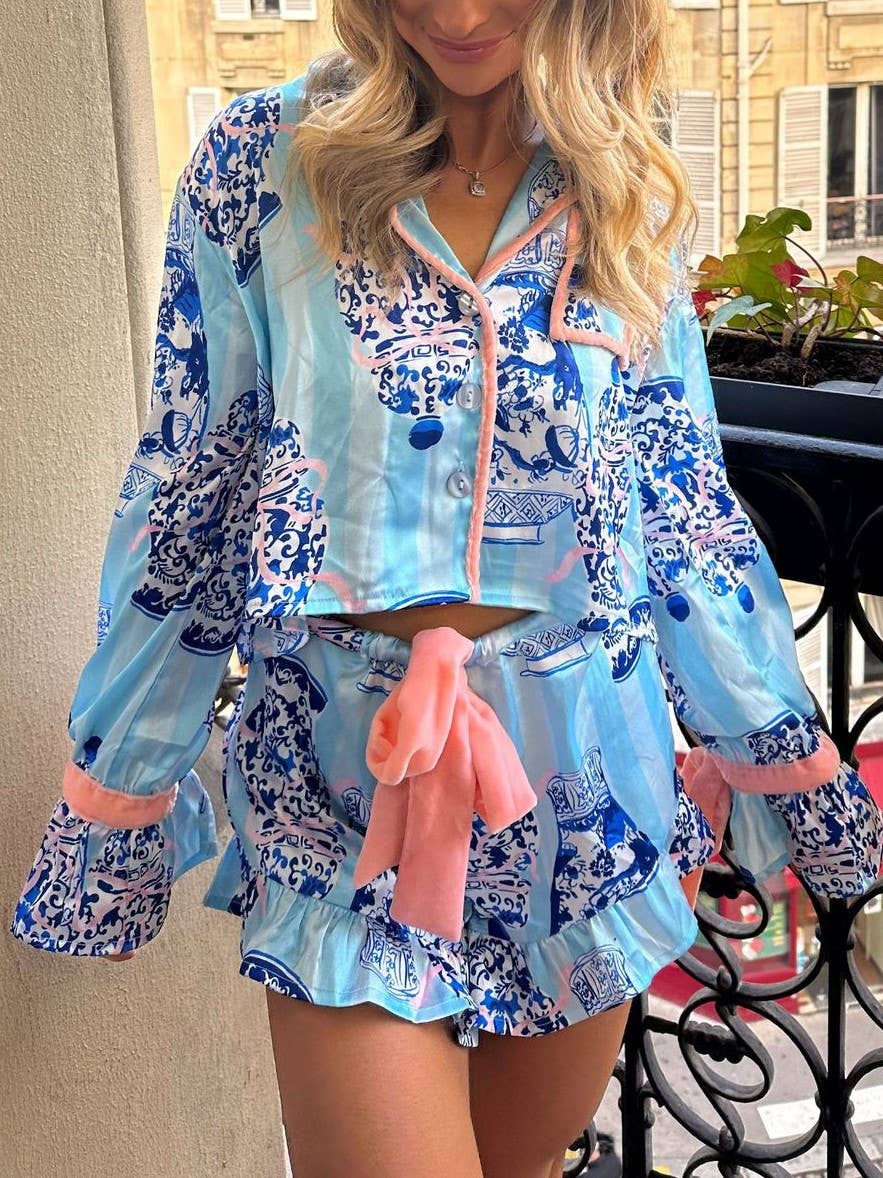 Silk Chinoiserie Pajama Set/Velvet Bow