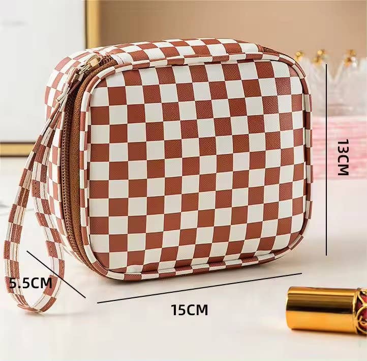Square Shape Checkered Cosmetic Travel Bag